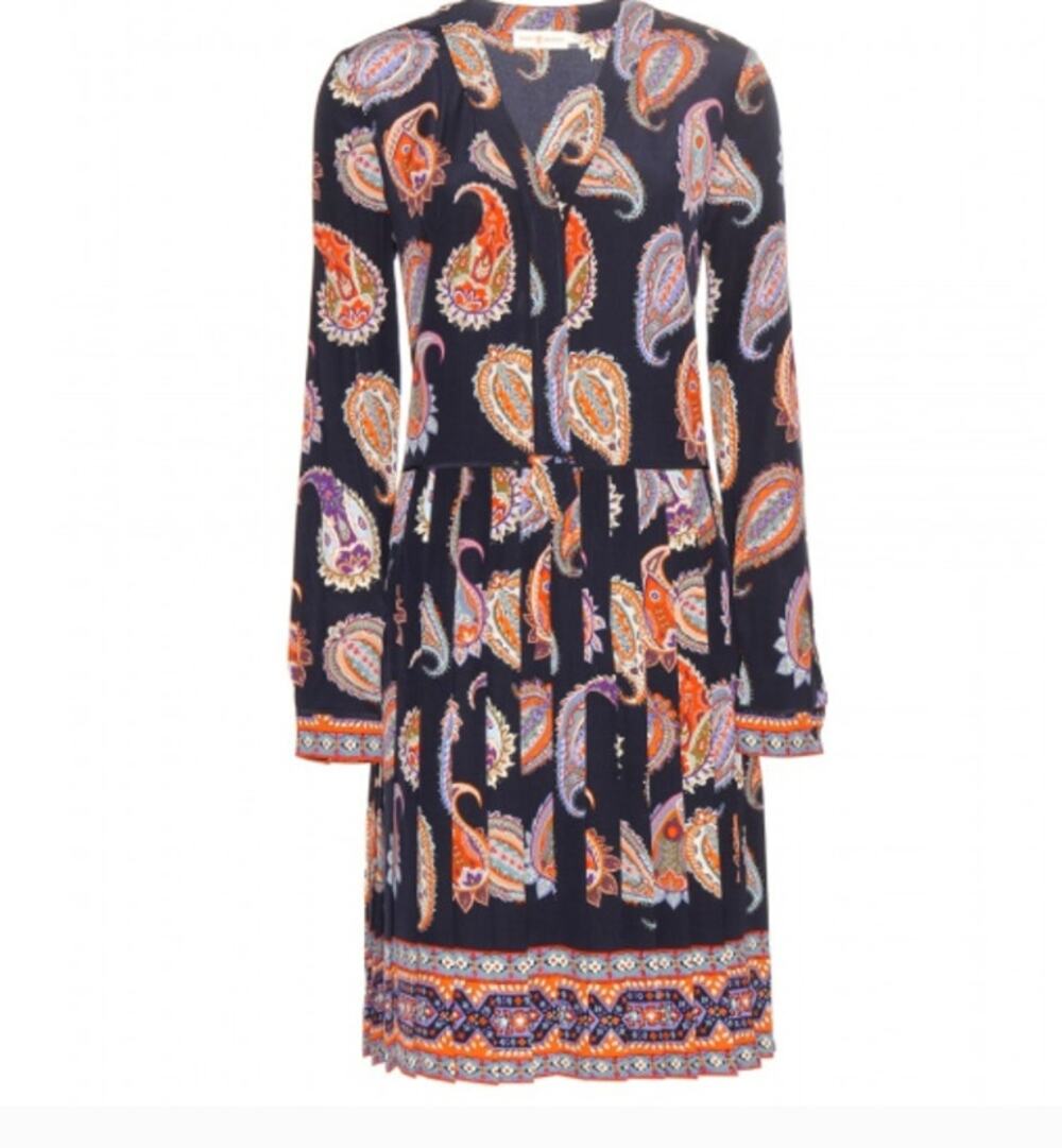 Tory Burch Women's Silk Long Sleeve Pleated Paisley Min Dress Navy Sz 4